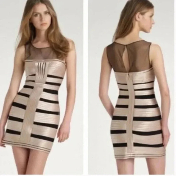 BCBGMaxAzria Brenda Stretch Satin Bandage Bodycon Dress In Champagne Sz 4 - Picture 1 of 16